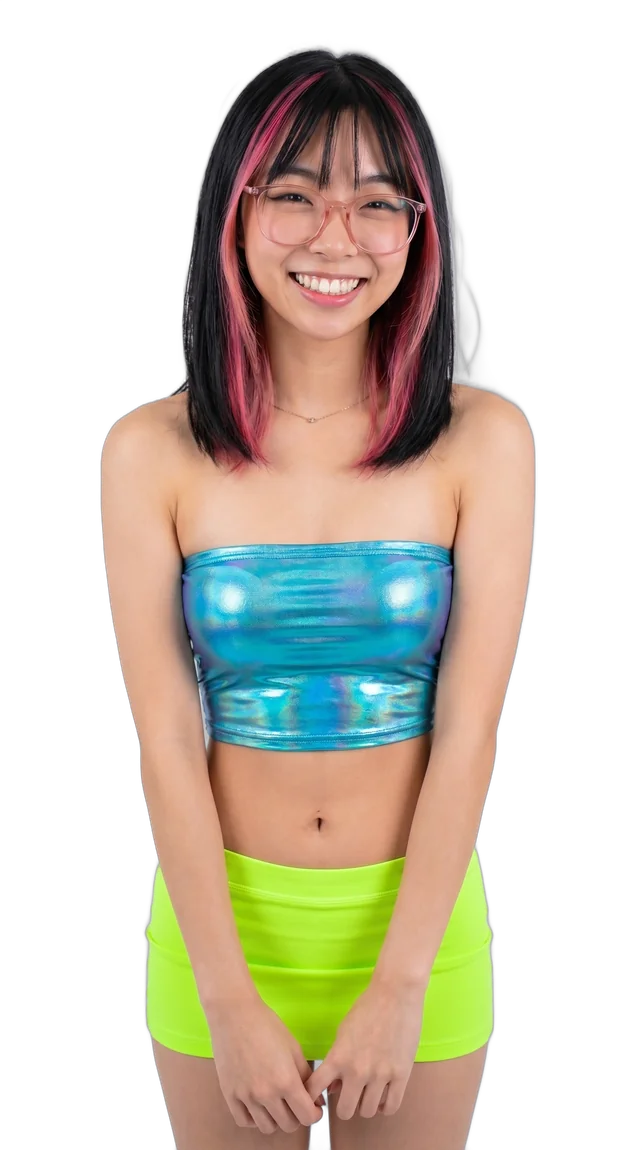 Nika with pink-streaked hair, a chrome top, and a neon green skirt